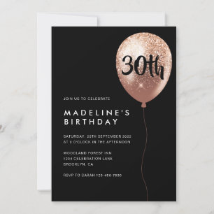 Glam Black Rose Gold Glitter Balloon 30th Birthday Invitation