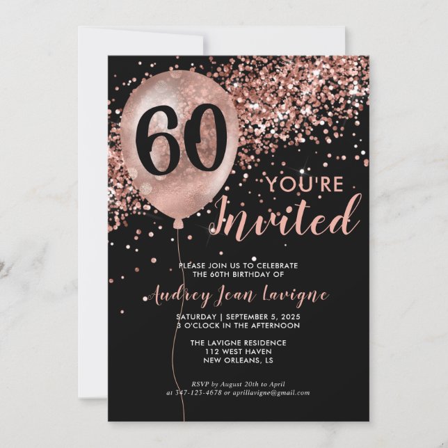 Glam Black Rose Gold Glitter Balloon 60th Birthday Invitation (Front)