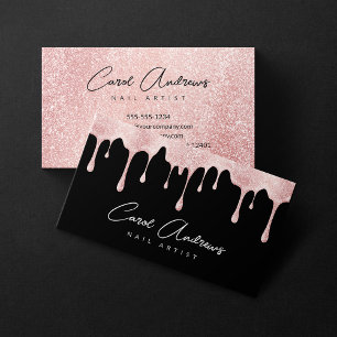 Glam Black Rose Gold Glitter Drips Nail Artist Business Card