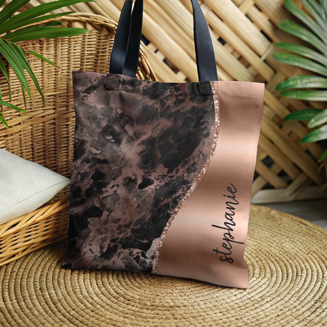 Glam Black Rose Gold Marble Metallic Name Tote Bag (Creator Uploaded)