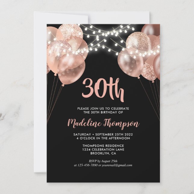 Glam Black Rose Gold String Light Balloon Birthday Invitation (Front)