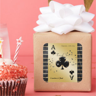 Glam Black Silk Gold Striped Ace of Clubs Favour  Square Sticker