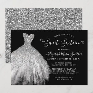 Glam Black Silver Glitter Dress Sweet 16 Birthday Invitation