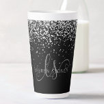 Glam Black Silver Glitter Glam Monogram Name Latte Mug<br><div class="desc">Glam Black Silver Glitter Elegant Monogram Latte Mug. Easily personalise this trendy chic latte mug design featuring elegant silver sparkling glitter on a black background. The design features your handwritten script monogram with pretty swirls and your name.</div>