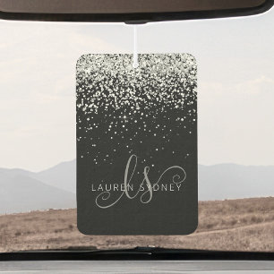 Glam Black Silver Glitter Monogram Name Car Air Freshener