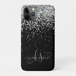 Glam Black Silver Glitter Monogram Name Case-Mate iPhone Case