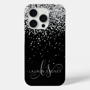 Glam Black Silver Glitter Monogram Name iPhone 15 Pro Case