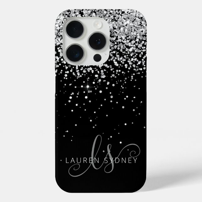 Glam Black Silver Glitter Monogram Name Case-Mate iPhone Case (Back)
