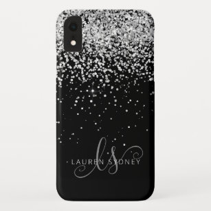 Glam Black Silver Glitter Monogram Name Case-Mate iPhone Case