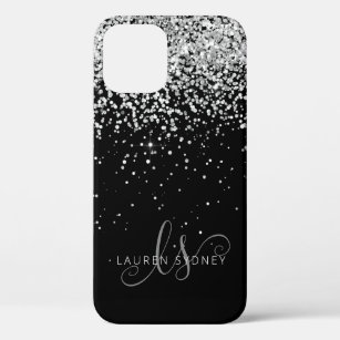 Glam Black Silver Glitter Monogram Name iPhone 12 Pro Case