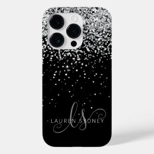 Glam Black Silver Glitter Monogram Name Case-Mate iPhone 14 Pro Case