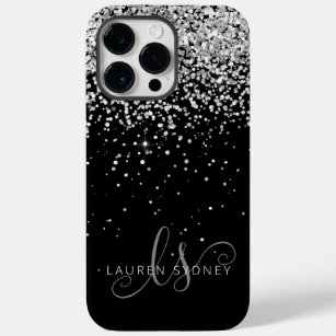 Glam Black Silver Glitter Monogram Name Case-Mate iPhone 14 Pro Max Case