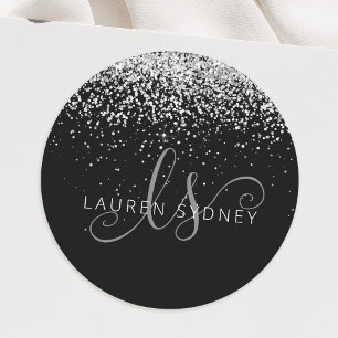 Glam Black Silver Glitter Monogram Name Classic Round Sticker