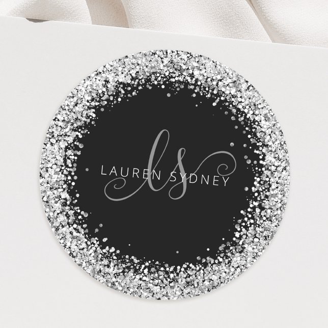 Glam Black Silver Glitter Monogram Name Classic Round Sticker (Creator Uploaded)