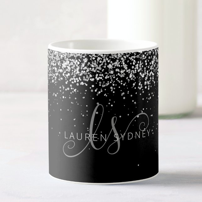 Glam Black Silver Glitter Monogram Name Coffee Mug (Creator Uploaded)