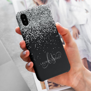 Glam Black Silver Glitter Monogram Name iPhone 13 Pro Max Case
