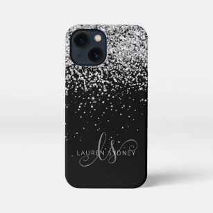 Glam Black Silver Glitter Monogram Name iPhone 13 Mini Case