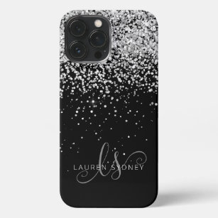 Glam Black Silver Glitter Monogram Name iPhone 13 Pro Max Case