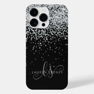 Glam Black Silver Glitter Monogram Name iPhone 14 Pro Max Case