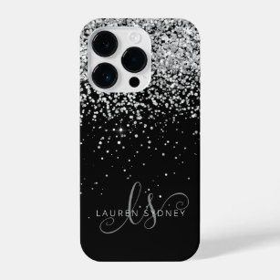 Glam Black Silver Glitter Monogram Name iPhone 14 Pro Case