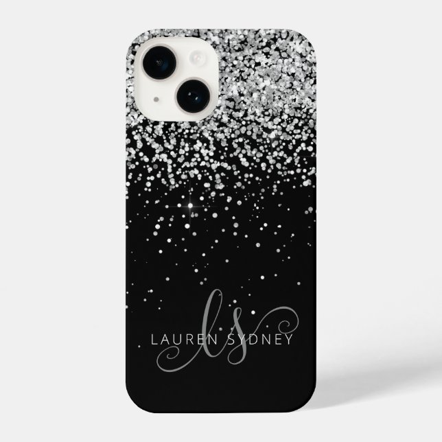 Glam Black Silver Glitter Monogram Name iPhone Case (Back)