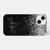 Glam Black Silver Glitter Monogram Name iPhone Case (Back Horizontal)