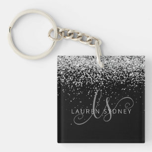 Glam Black Silver Glitter Monogram Name Key Ring