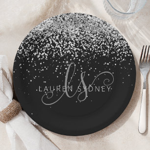 Glam Black Silver Glitter Monogram Name Paper Plate