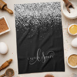 Glam Black Silver Glitter Monogram Name Tea Towel<br><div class="desc">Glam Black Silver Glitter Elegant Monogram Kitchen Towels. Easily personalise this trendy chic kitchen towels design featuring elegant silver sparkling glitter on a black background. The design features your handwritten script monogram with pretty swirls and your name.</div>