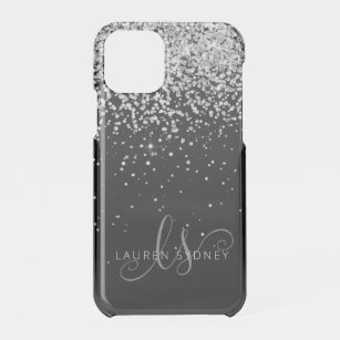 Glam Black Silver Glitter Monogram Name iPhone 11 Pro Case