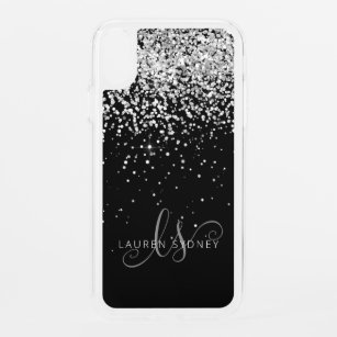 Glam Black Silver Glitter Monogram Name iPhone XR Case