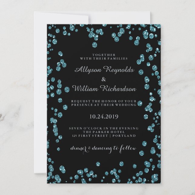 Glam Black with Turquoise Confetti Wedding Invitation (Front)