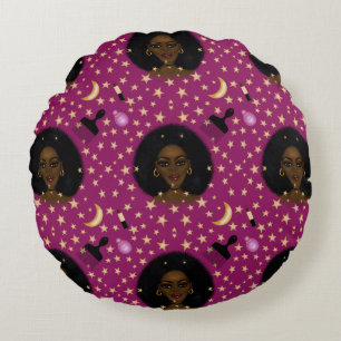 Glam Black Woman Afro Hair pic lipstick pink moon Round Cushion