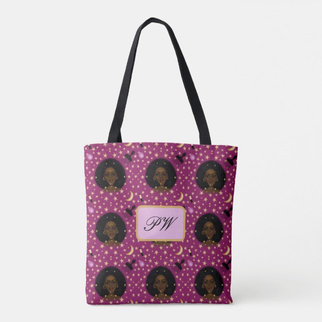 Glam Black Woman Afro Hair pic lipstick pink moon Tote Bag (Back)