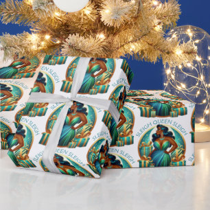 Glam Black Woman Elegant Teal & Gold Christmas Wrapping Paper