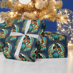Glam Black Woman Elegant Teal & Gold Christmas Wrapping Paper