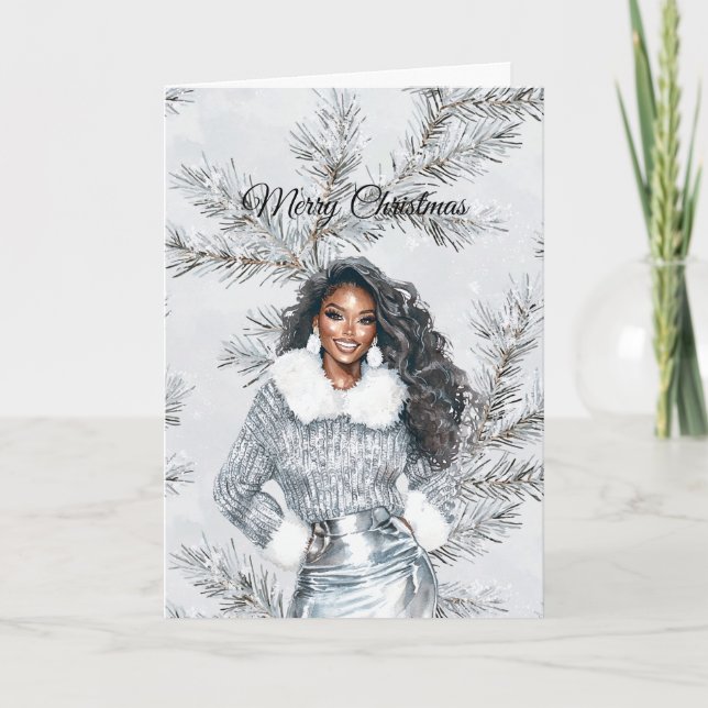 Glam Black Woman Silver Christmas Tree Branches Card (Front)