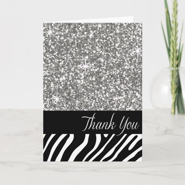 Glam Bling Glitter Zebra Thank You | silver Card (Front)