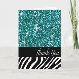 Glam Bling Glitter Zebra Thank You   teal Card