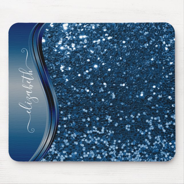 Glam Bling Personalised Glitter Calligraphy Blue  Mouse Pad (Front)
