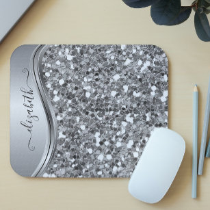Glam Bling Personalised Glitter Calligraphy Silver Mouse Pad