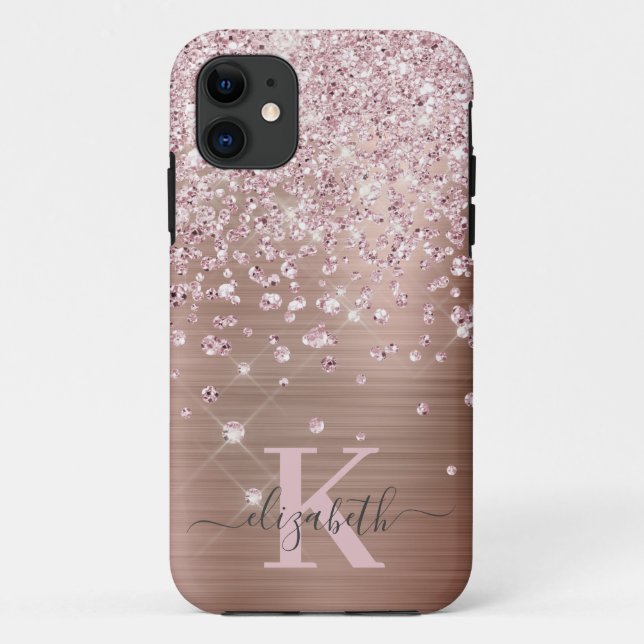 Glam Bling Rose Gold Diamond Confetti Monogrammed Case-Mate iPhone Case (Back)