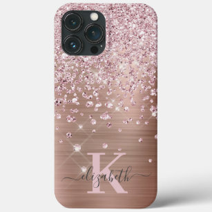 Glam Bling Rose Gold Diamond Confetti Monogrammed iPhone 13 Pro Max Case