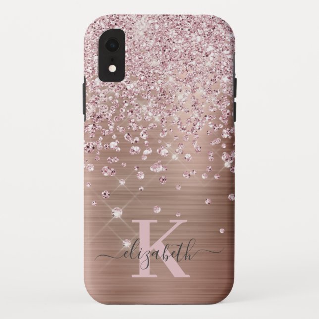 Glam Bling Rose Gold Diamond Confetti Monogrammed Case-Mate iPhone Case (Back)
