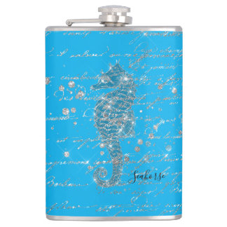Glam Blue and Silver Glitter Seahorse Hip Flask