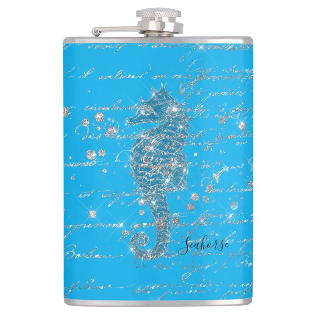 Glam Blue and Silver Glitter Seahorse Hip Flask (Front)