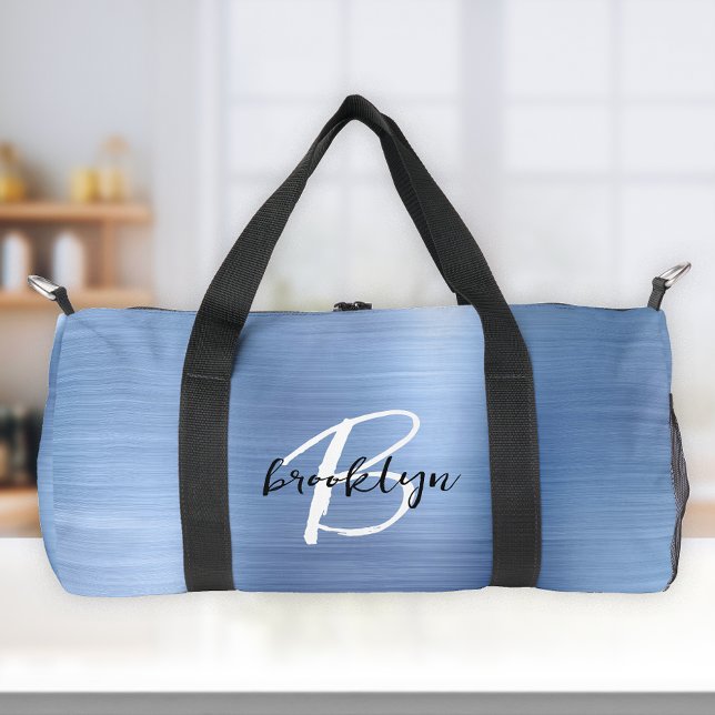 Glam Blue Brushed Metal Black White Monogram  Duffle Bag (Creator Uploaded)