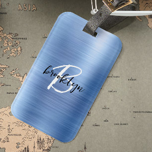Glam Blue Brushed Metal Black White Monogram Luggage Tag