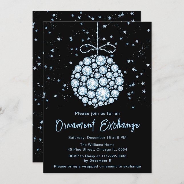 Glam Blue Christmas Ornament Exchange Invitation (Front/Back)