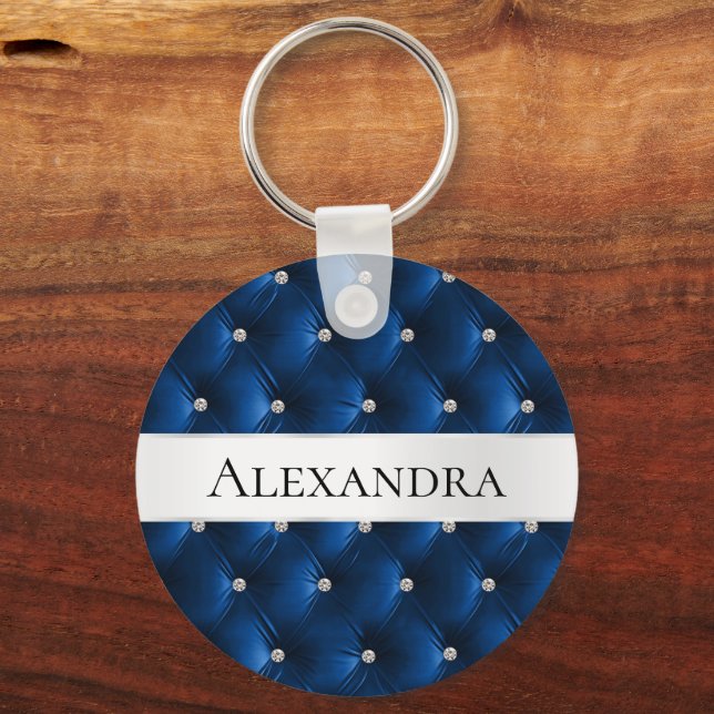 Glam Blue faux Velvet Luxury Name Key Ring (Front)